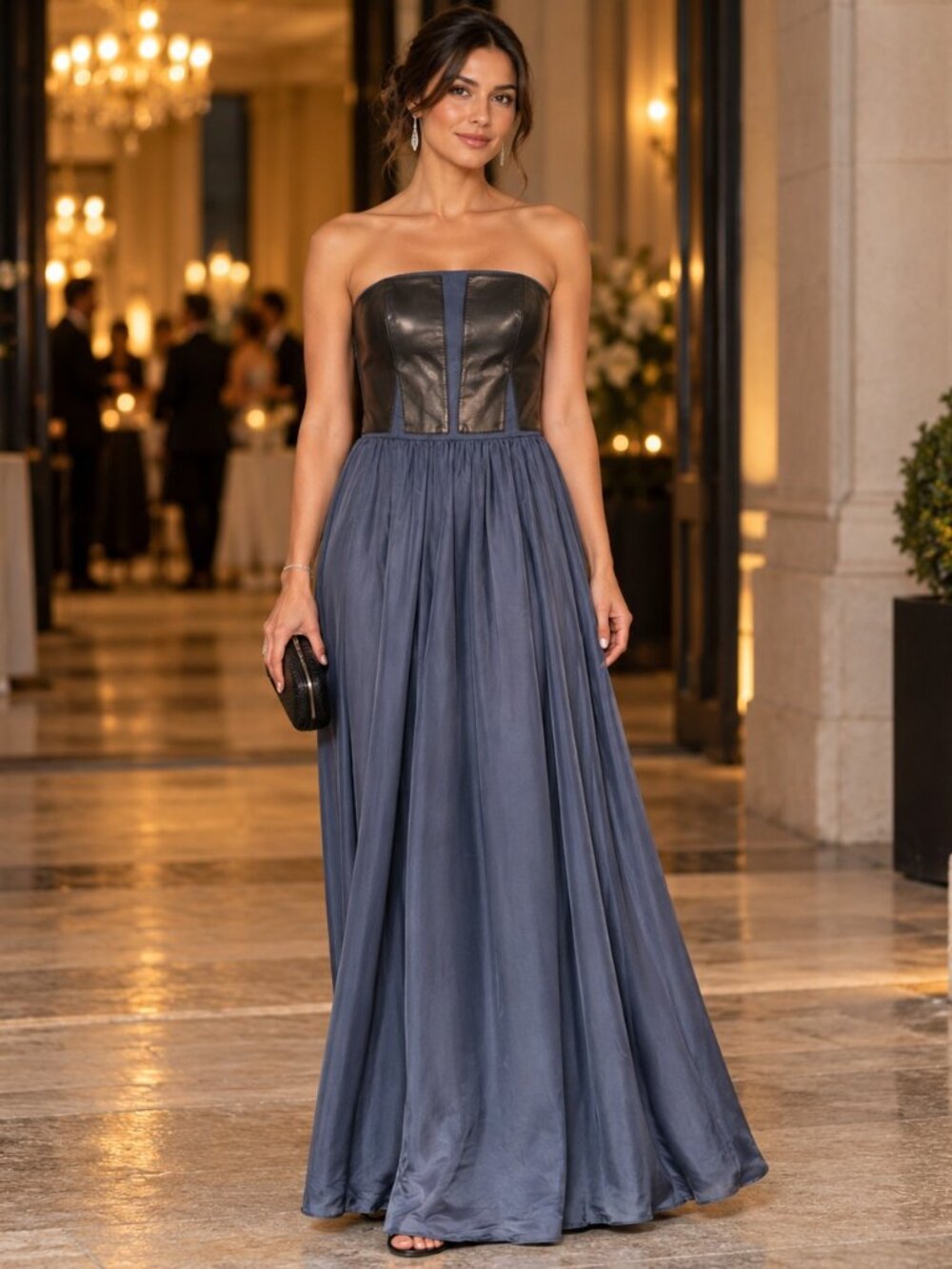 Rebecca Taylor Strapless Maxi Dress 8 Lamb Leather Bustier Navy Evening Gown